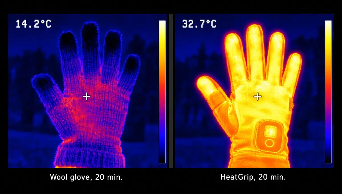 Thermal camera: wool glove 14.2°C vs HeatGrip 32.7°C after 20 minutes