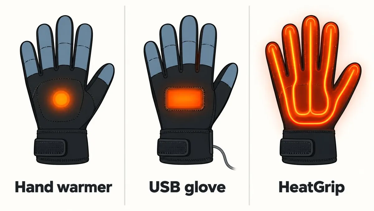 Comparison of a hand warmer, a USB glove and HeatGrip heating coverage